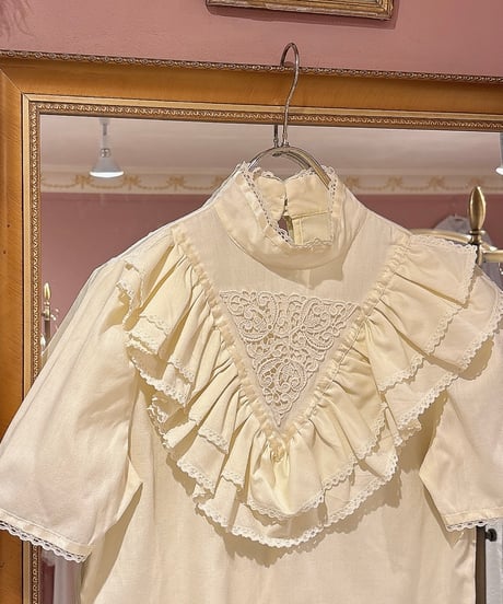 70s vintage lace× satin ribbon ruffle collar blouse