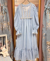 70s vintage gingham check flower embroidered ribbon dress