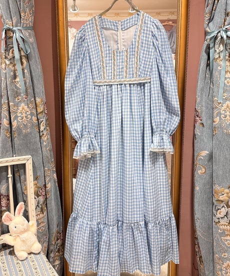 70s vintage gingham check flower embroidered ribbon dress