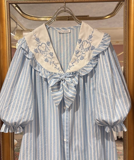 80s vintage stripe heart&flower embroidered sailor collar dress