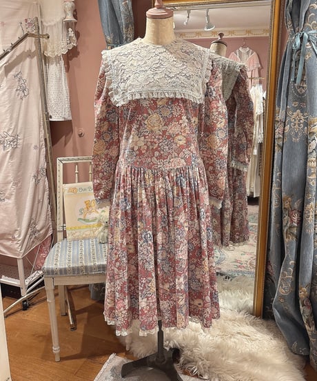 70s vintage lace sailor collar flower dress