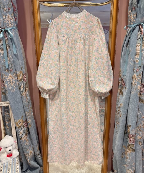 80s vintage pastel flower pattern flannel cotton dress