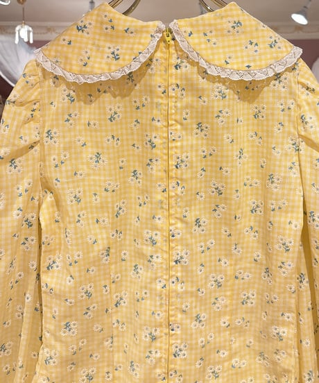 70s vintage flower&gingham check blouse
