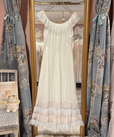 60s vintage pink×light blue frill tiered no sleeve dress