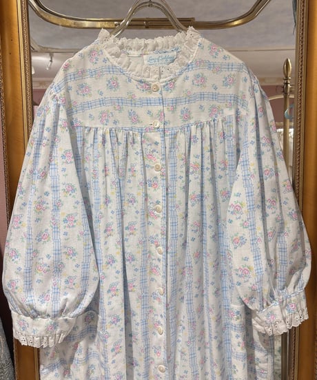 80s vintage flower&gingham check ribbon pattern dress
