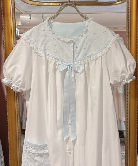70s vintage white×light blue eyelet lace dress