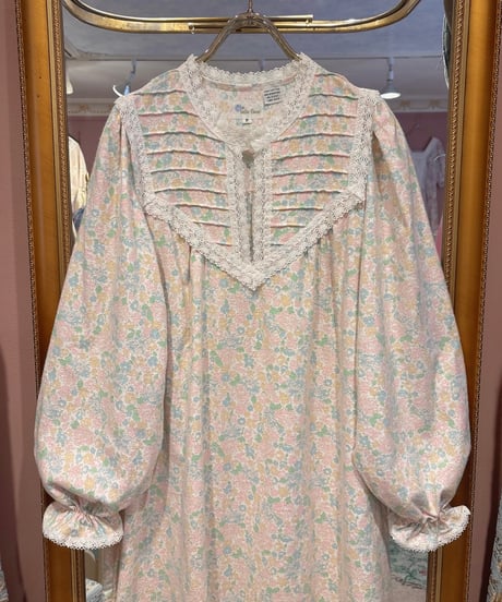 80s vintage pastel flower pattern flannel cotton dress