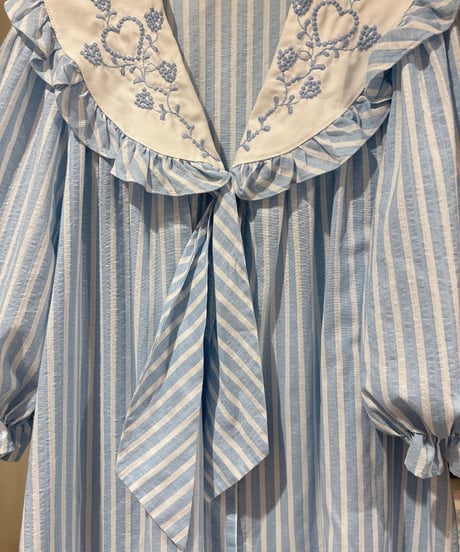 80s vintage stripe heart&flower embroidered sailor collar dress