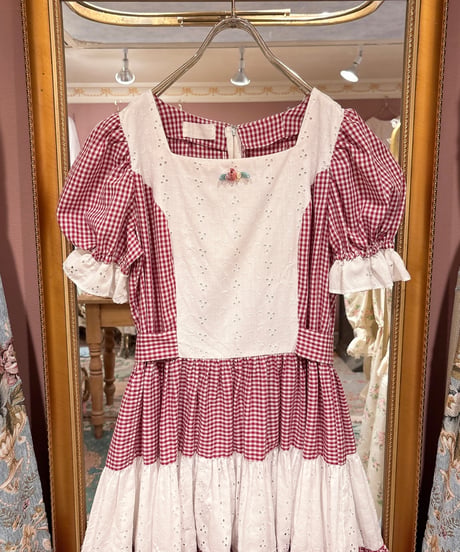 70s vintage  gingham check&lace dress