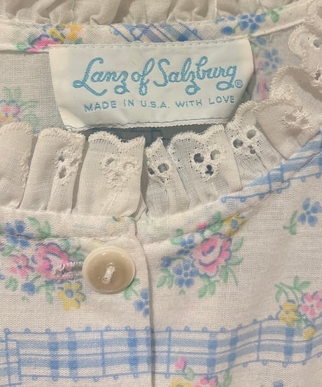 80s vintage flower&gingham check ribbon pattern dress