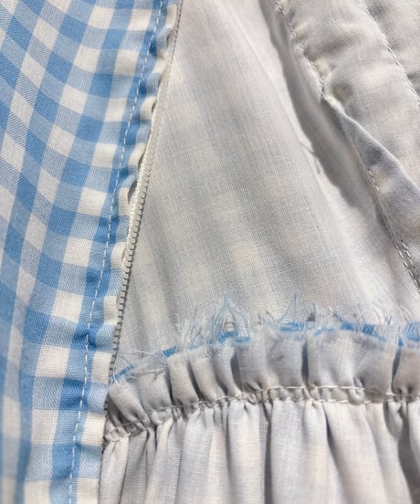 70s vintage gingham check flower embroidered ribbon dress