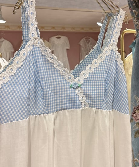 70s vintage gingham check×lace camisole dress