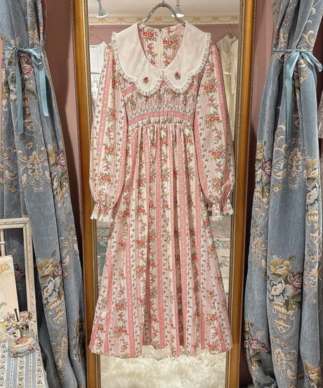 70s vintage lace collar flower pattern dress