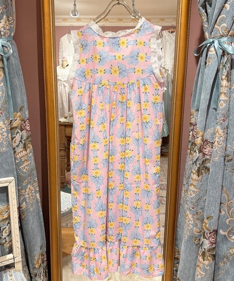 80s vintage flower&ribbon pattern no sleeve dress