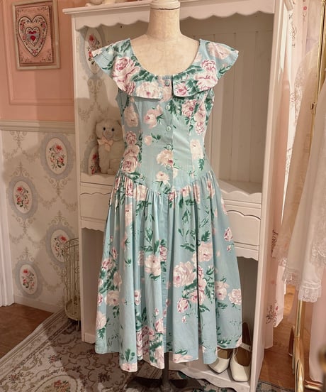 80s vintage romantic flower pattern dress