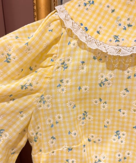70s vintage flower&gingham check blouse