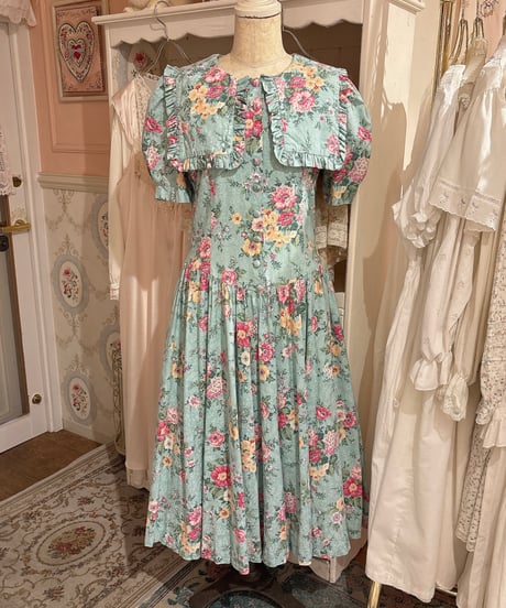 80s vintage sailor collar flower pattern dress