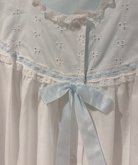 70s vintage white×light blue eyelet lace dress