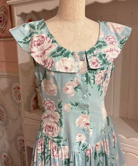 80s vintage romantic flower pattern dress