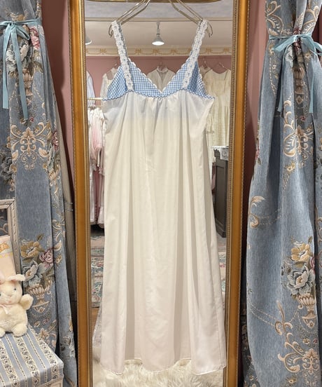70s vintage gingham check×lace camisole dress