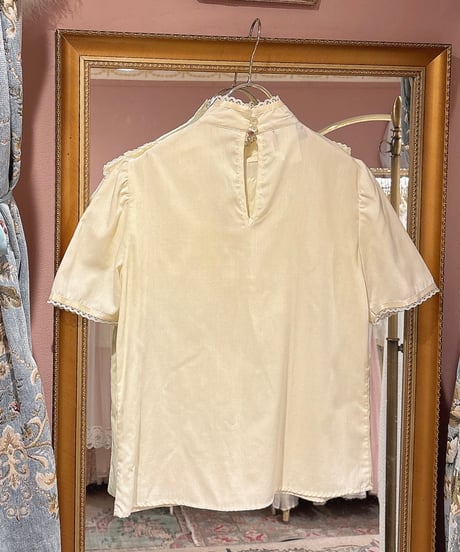 70s vintage lace× satin ribbon ruffle collar blouse