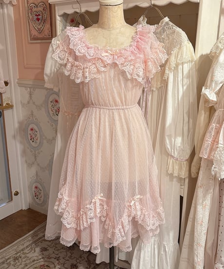 70s vintage pink tulle lace dress