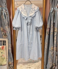 80s vintage stripe heart&flower embroidered sailor collar dress
