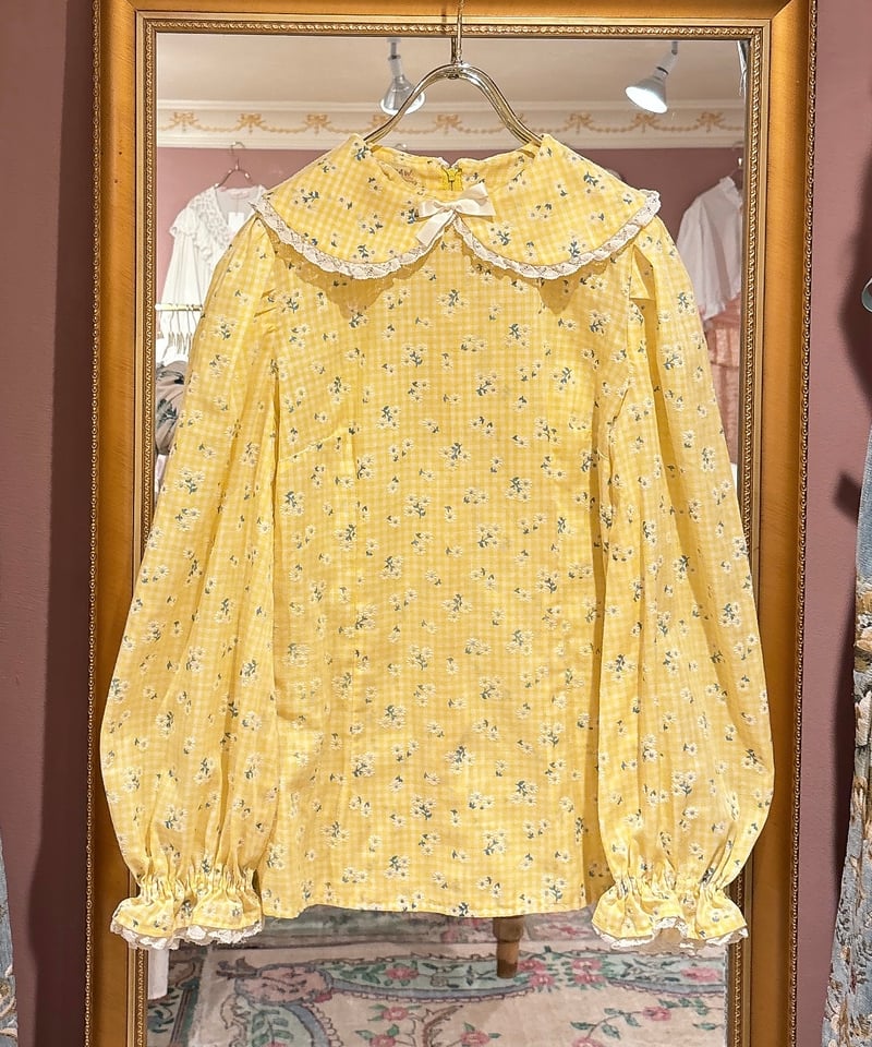 70s vintage flower&gingham check blouse | HARDYS