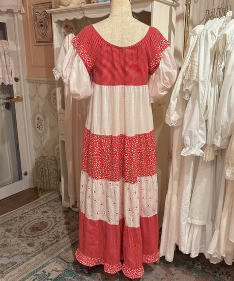 70s vintage dot×flower pattern patchwork dress