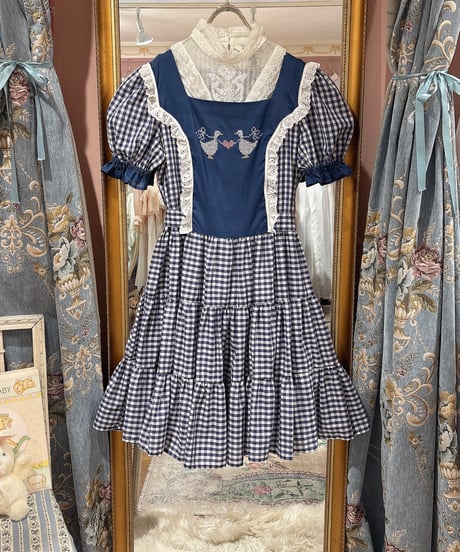 70s vintage duck embroidered gingham check dress