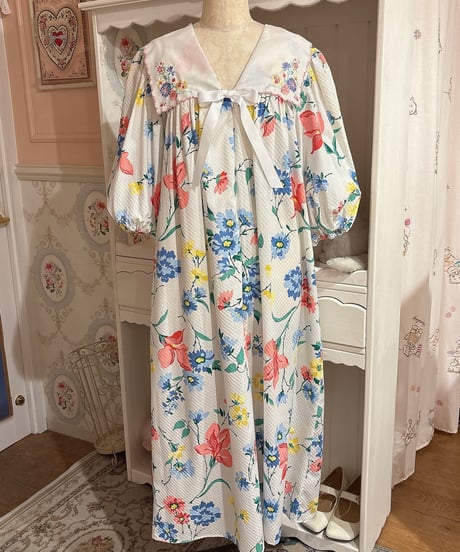 80s vintage flower pattern sailor collar dress