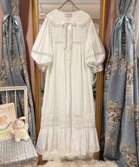 70s vintage puff sleeve flower&ribbon embroidered white dress