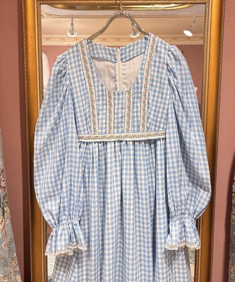 70s vintage gingham check flower embroidered ribbon dress