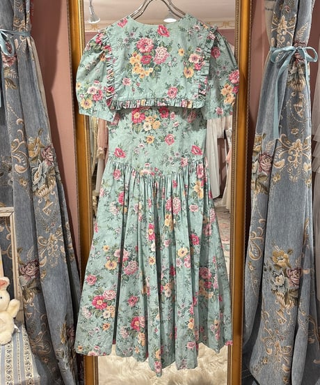 80s vintage sailor collar flower pattern dress