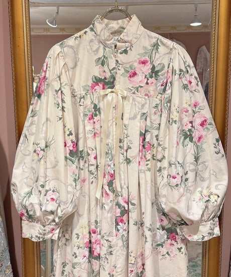 70s vintage ribbon&floral pattern dress