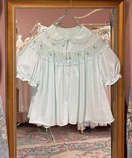 60s vintage blue flower embroidered gown tops
