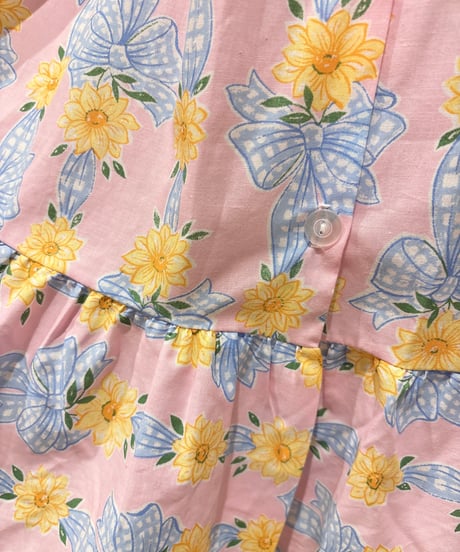 80s vintage flower&ribbon pattern no sleeve dress