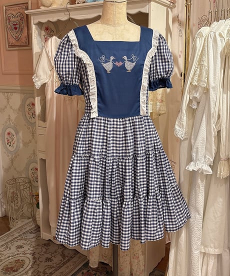 70s vintage duck embroidered gingham check dress