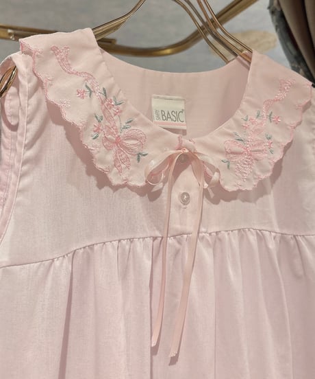 80s vintage ribbon&flower embroidered collar dress