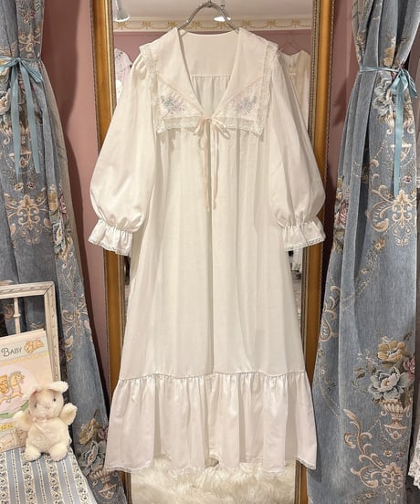 70s vintage flower embroidered sailor collar gown dress