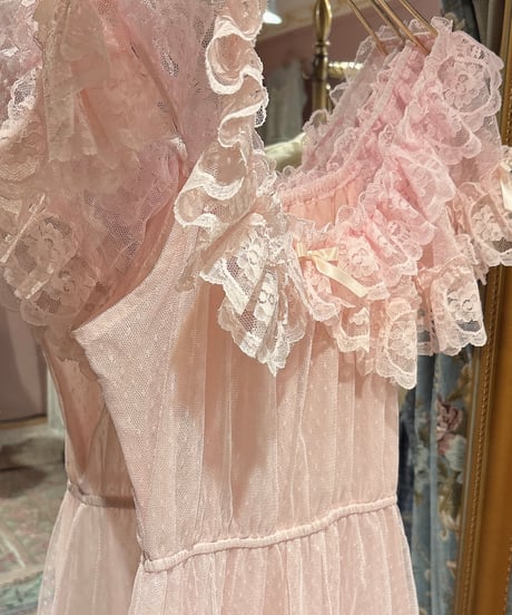 70s vintage pink tulle lace dress