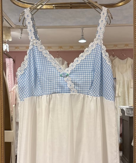 70s vintage gingham check×lace camisole dress
