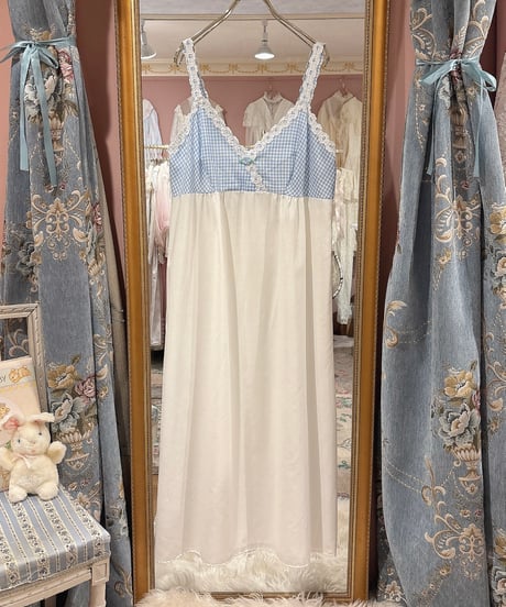 70s vintage gingham check×lace camisole dress