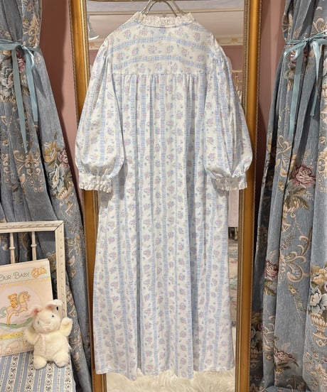 80s vintage flower&gingham check ribbon pattern dress