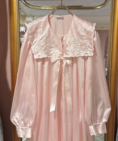 80s vintage flower embroidered sailor collar satin dress