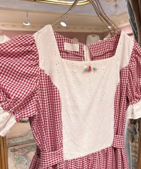 70s vintage  gingham check&lace dress