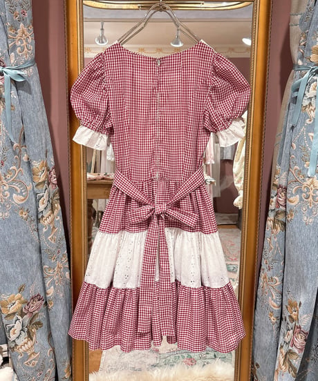 70s vintage  gingham check&lace dress