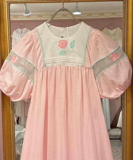 70s vintage flower patch gingham check dress