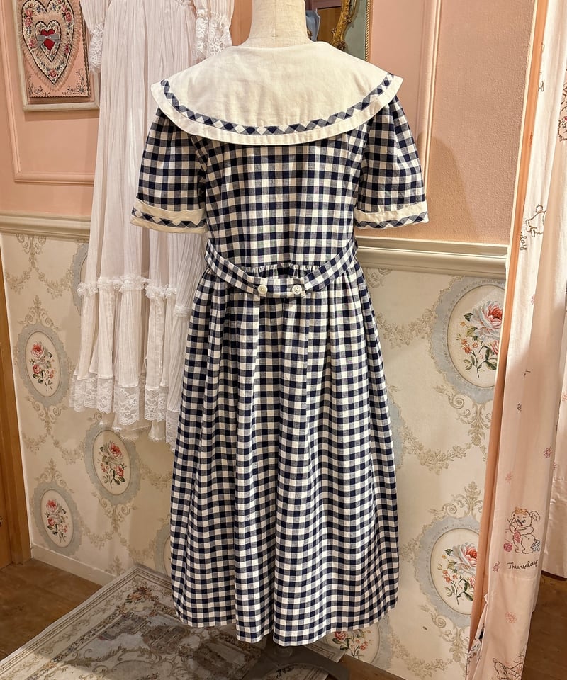 70s vintage gingham check sailor collar dress |