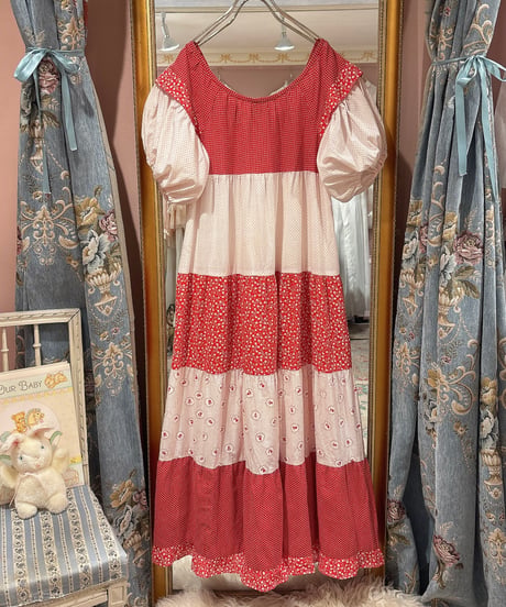 70s vintage dot×flower pattern patchwork dress